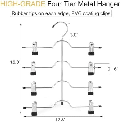 TOPIA HANGER 4 Tier Metal Skirt Hangers for Women, Pants Hanger Space Saving with Adjustable Clips, Gain 70% More Space, Non Slip Grip for Slacks, Trousers, Shorts, Jeans, Towels, Black, 2-Pack, CT20B
