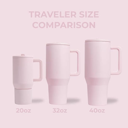 HydroJug Traveler - 40 oz Water Bottle with Handle & Flip Straw - Fits in Cup Holder, Leak Resistant Tumbler-Reusable Insulated Stainless Steel & Rubber Base - Gifts for Women & Men, Pink Sand