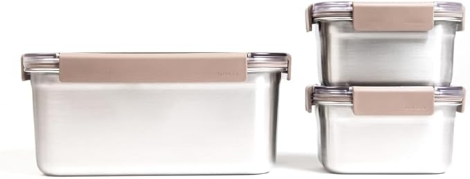 LocknLock Stainless Steel Food Storage Containers with Lids, Metal Lunch Boxes, Leak-Proof, Microwave, Freezer and Dishwasher Safe, 3-Piece Set, 1 x 520ml and 2 x 1400ml