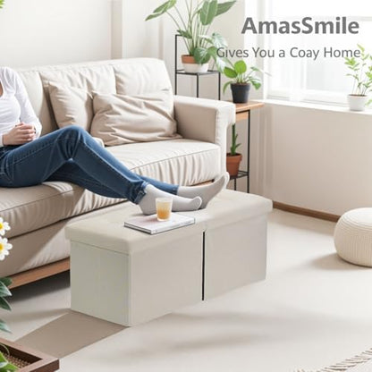 AmasSmile Storage Bench Folding Ottoman Foot Rest Stool, 34 inch Beige Linen Footstool Bench, Short Ottoman, Foot Rest Store as Books, and Blanket Storage or Others.