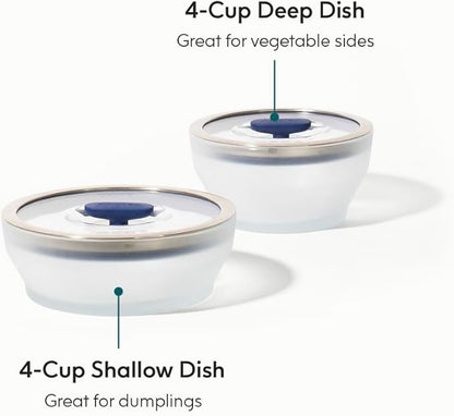 Anyday 4-Pc Microwave Cookware & Glass Food Storage Set with Glass Lids | Medium Plastic-Free Containers | Stackable Steamer with Vented Lid for Microwave-Safe Reheating & Steaming Vegetables, Rice