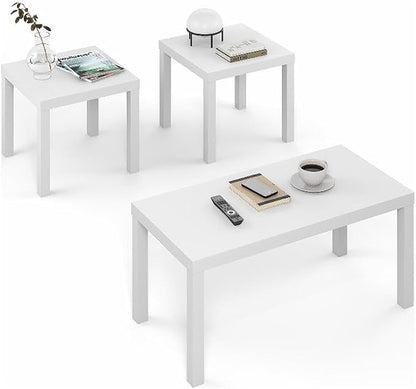 Furinno Classic Living Room Table Set of 3, Modern Rectangle Coffee Table with 2 Square Side Tables, End Tables, 1.8 Inch Thick Tabletop for Living Room, Home Office, White