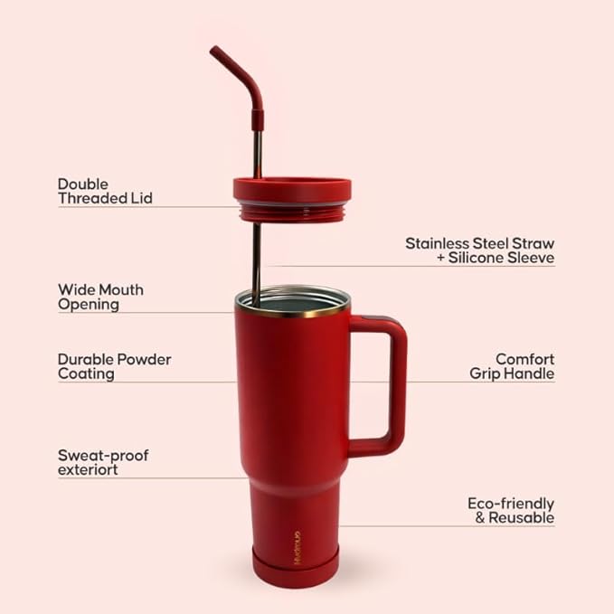 40oz Travel Tumbler Cup with Handle, Two-Way Slider Lid, Stainless Steel Straw with Silicone Tip, Vacuum Insulated Water Bottle for Hot & Cold Drinks, Great Gifts for Mom (Red Gold)