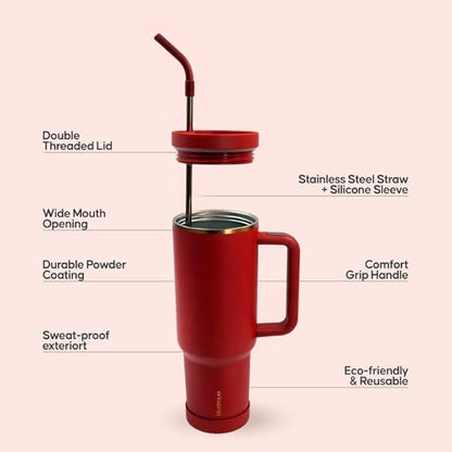 40oz Travel Tumbler Cup with Handle, Two-Way Slider Lid, Stainless Steel Straw with Silicone Tip, Vacuum Insulated Water Bottle for Hot & Cold Drinks, Great Gifts for Mom (Red Gold)
