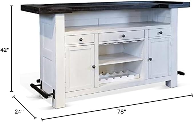 Sunny Designs Carriage House 78" Farmhouse Wood Bar Unit with Sides and Front Foot Rail, Removable Wine Storage Rack, Stemware Rack, Adjustable Shelves, in Dark Brown & White Finish