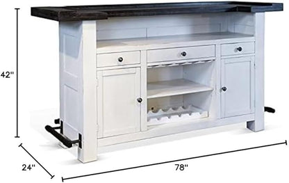 Sunny Designs Carriage House 78" Farmhouse Wood Bar Unit with Sides and Front Foot Rail, Removable Wine Storage Rack, Stemware Rack, Adjustable Shelves, in Dark Brown & White Finish