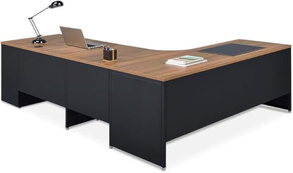 NBF L-Shaped Executive Office Desk - Durable Laminate Computer Desk with Three Drawers - Modern Desk with Storage and File Cabinet (72" Wx 96" D, Oak)