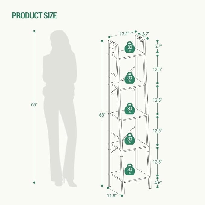 Ladder Shelf, Bookshelf Bookcase, Freestanding Corner Storage Shelve with 2 Hooks for Home Office, Living Room, Kitchen, Bedroom, Industrial, 11.8" D x 13.4" W x 63" H, Greige BC03205B