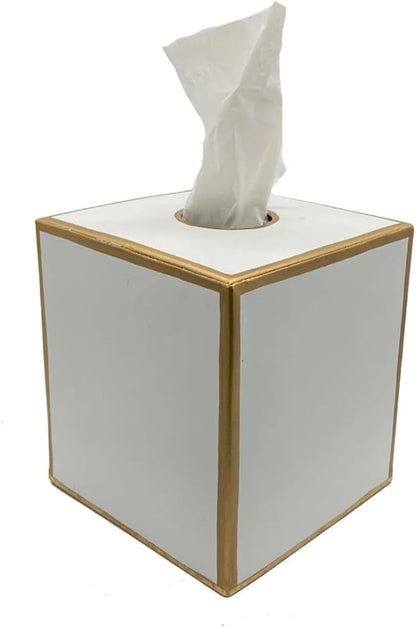 Jaye’s Studio Metal Decorative Tissue Box Cover Square Tissue Box Holder For Bathroom & Bedroom White And Gold Desk Accessories, Facial Tissue Dispenser White Tissue Box Cover Gold For Farmhouse Decor