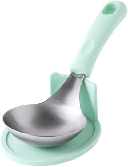KKU-MIM Wide Head Serving Spoon with Silicon Handle, 8 inch, Stainless Steel, Includes Silicon Matching Rest, Modern Style, Various Color Available (Mint)