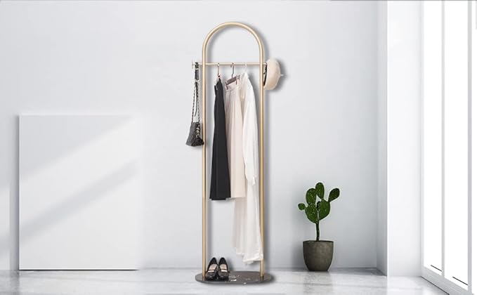 Gold Clothing Rack with Marble Base - Modern Metal Stand for Bedroom - Heavy Duty Coat Hanger Rack for Bag, Hat, Scarf, Jacket