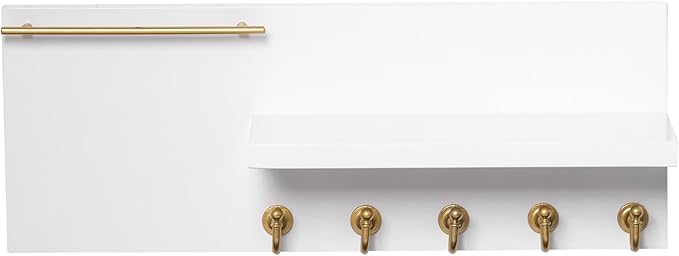 SANY DAYO HOME Real Wood Key Holder Rack Wall Mount 16 x 6 inches White and Gold Entryway Shelf with 5 Hooks, Metal Sunglass Bar, and Floating Board for Keychain, Purse