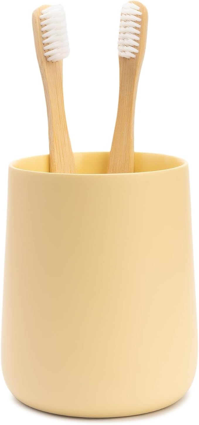 Yew Design Matte Yellow Cream Toothbrush and Toothpaste Holder and Cup for Bathroom Vanity and Countertop, Round Organizer for Electric Toothbrushes, Floss, Razors, Cotton, and Mouthwash