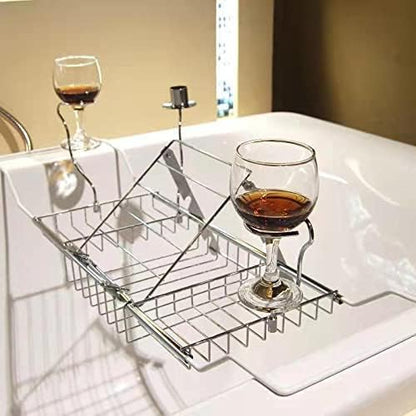 BDL Bathtub Caddy Tray Expandable Bath Tub Table with Wine Holder, Free Soap Dish and Laptop Reading Rack, Bathtub Tray for Home (Silver)
