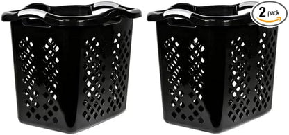 ReMoiz 2 Pack Ultra Easy Carry Plastic Laundry Hamper, 2 Bushel Lamper Plastic Laundry Basket with Silver Handles,Dirty Clothes Laundry Hamper Bin for Home, Apartment, or Dorm Room, Black