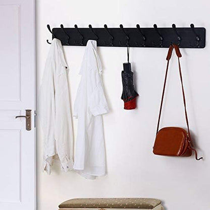 Dseap Coat Rack Wall - Heavy-Duty 38-1/4" Long, with Reinforced 10 Custom Tri-Hooks, Solid Wood Wall Hanger for Coats Hat Jackets - Rustic Farmhouse Entryway Hallway Storage, Black
