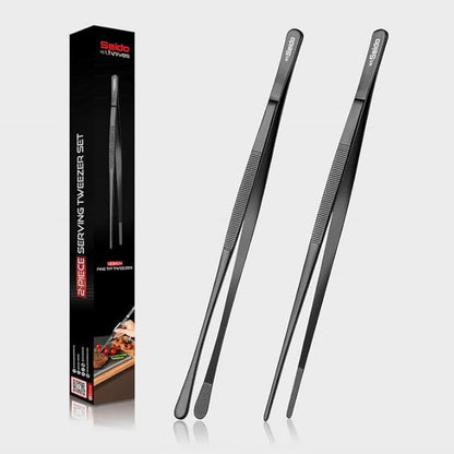 Seido 2-Piece Serving Tweezer Set 12-Inch – Professional Stainless Steel Kitchen Tongs with Fine Tip & Flat Tip, Non-Slip Grip, Heat-Resistant Precision Tools for Cooking, Plating & Garnishing