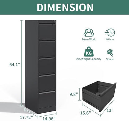 5 Drawer File Cabinet, Metal Vertical Filing Cabinets for Home Office, Steel Storage Cabinet for Hanging Legal/Letter Size Files, Assembly Required (Black)