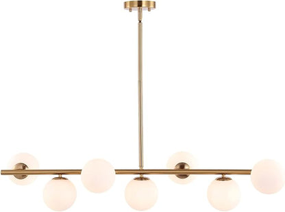 7 Lights Modern Sputnik Chandelier Globe White Glass Shade Brass Linear Mid Century Farmhouse Pendant Light Fixture for Kitchen Island Bedroom Dining Lighting (Gold)