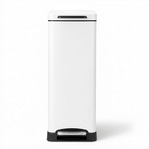 Home Zone Living 12 Gallon Slim Kitchen Trash Can with Soft Close Lid, Step Pedal, Bag Tuck Band, and Removable Liner, Stainless Steel, Matte White
