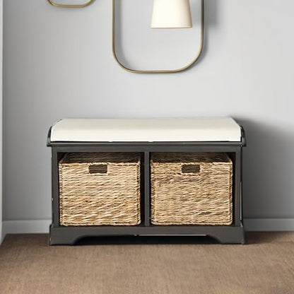 SAFAVIEH Home Collection – Freddy Brown Storage Bench with Wicker Baskets & Cushion, Entryway Seating Bench, Fully Assembled (AMH5736A)
