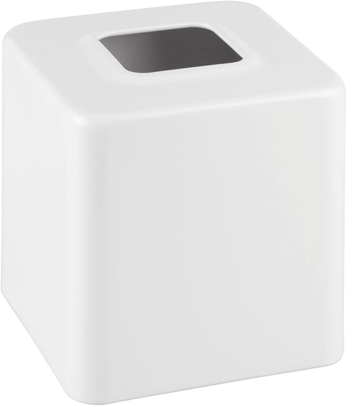 mDesign Steel Square Tissue Box Cover, Modern Facial Paper Holder for Bathroom Vanity Countertop, Bedroom Dresser, Night Stand, Desk, Office and End Table - Unity Collection - White