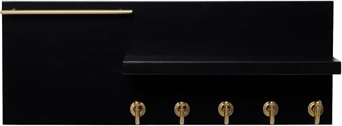 SANY DAYO HOME Real Wood Key Holder Rack Wall Mount 16 x 6 inches Black Entryway Shelf with 5 Gold Hooks, Metal Sunglass Bar, and Floating Board for Keychain, Purse