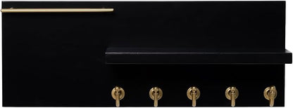 SANY DAYO HOME Real Wood Key Holder Rack Wall Mount 16 x 6 inches Black Entryway Shelf with 5 Gold Hooks, Metal Sunglass Bar, and Floating Board for Keychain, Purse