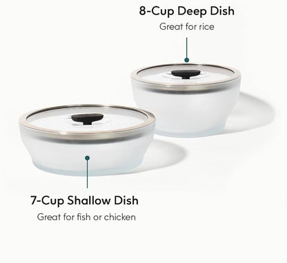 Anyday 4-Pc Microwave Cookware & Glass Food Storage Set with Glass Lids | Large Plastic-Free Containers | Stackable Steamer with Vented Lid for Microwave-Safe Reheating & Steaming Vegetables, Rice