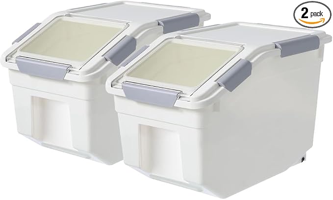 20Lbs 2 Pack Food Storage Container with Scoop, Airtight Rice Storage Bins Flour Containers Pet Food Dispenser with Handle & Wheels, Plastic Kitchen Pantry Organization for Cereal Baking Supplies