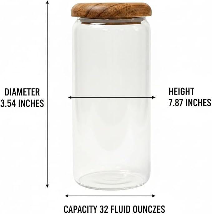 4-Pack 32 fl oz Wide Mouth Mason Jars with Spoon & Labels, Acacia Wood Lids, Press Seal, No Plastic, for Food, Snacks, Fruits, Coffee Beans, Spices & Dry Storage, Pantry Organizer.