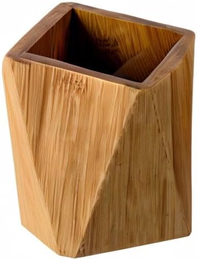 Bamboo Wood Pen Holder Stand for Desk Geometric Pencil Cup Pot Cute Desktop Office Supplies, Makeup Brushes Organizer (Bamboo)