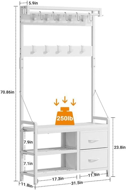 Lulive Hall Tree, 31.5” Entryway Bench with Coat Rack freestanding, 5 in 1 Intelligent Design Shoe Bench and Wall Rack 17 Hooks and Drawers (White)