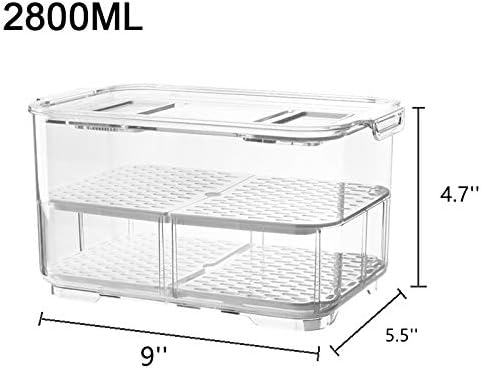 Slideep 9'' Food Storage Containers, 2 Tier Stackable Fridge Produce Saver with Lids, Removable Drain Tray Drawers Refrigerator Produce Keeper with Strainer for Veggie, Berry, Fruits, Vegetables
