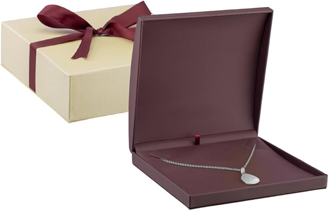Luxury Dome-Shape Leather Necklace Box - Leather Interior Chain & Necklace Jewelry Gift Box for Men & Women - Necklace Case with Cream Ribbed Fancy Outer Box & Matching Bow Ribbon