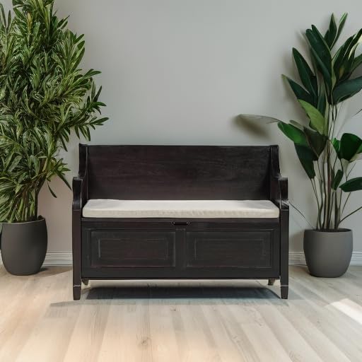 Bellemave Storage Bench with Safety Hinge Wooden Entryway Benches with Shoe Cabinets Under Seat Multifunctional Storage Bench for Entryway, Foyer or a Mudroom (Espresso + Beige)