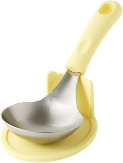 KKU-MIM Wide Head Serving Spoon with Silicon Handle, 8 inch, Stainless Steel, Includes Silicon Matching Rest, Modern Style, Various Color Available (Yellow)