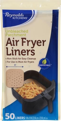 Reynolds Kitchens Air Fryer Liners Disposable, Unbleached Parchment Paper Sheets, 50 Count (Pack of 2)