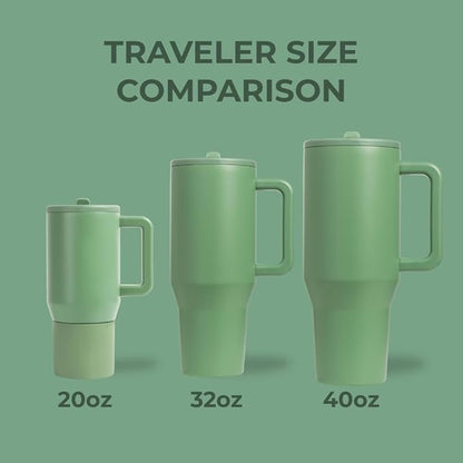 HydroJug Traveler - 40 oz Water Bottle with Handle & Flip Straw - Fits in Cup Holder, Leak Resistant Tumbler-Reusable Insulated Stainless Steel & Rubber Base - Gifts for Women & Men, Sage