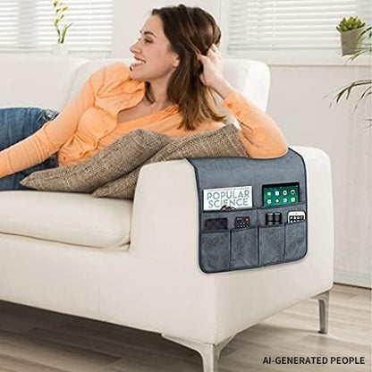 HAOMAIJIA Anti Slip Sofa Armrest Organizer Arm Chair Bedside Caddy Storage Organizer For Recliner Couch With 6 Pockets For Cell Phone Tv Remote Control Magazines (grey blue)