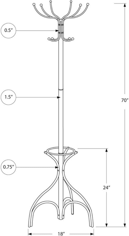 Monarch Specialties I 2031 Coat Rack, Hall Tree, Free Standing, 12 Hooks, Entryway, 70" H, Umbrella Holder, Bedroom, Metal, Black, Transitional