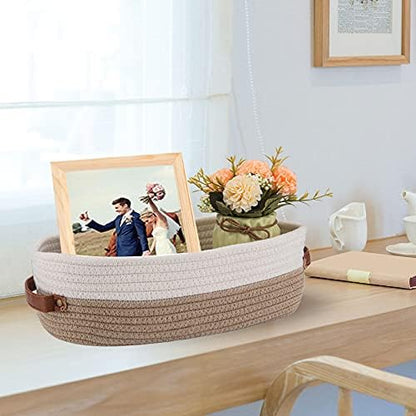 Cotton Rope Bathroom Decor Basket,Toilet Paper Holder Basket,Farmhouse Home Decor Organizing Baskets 13"x5.9"x4" Brown Stitching White