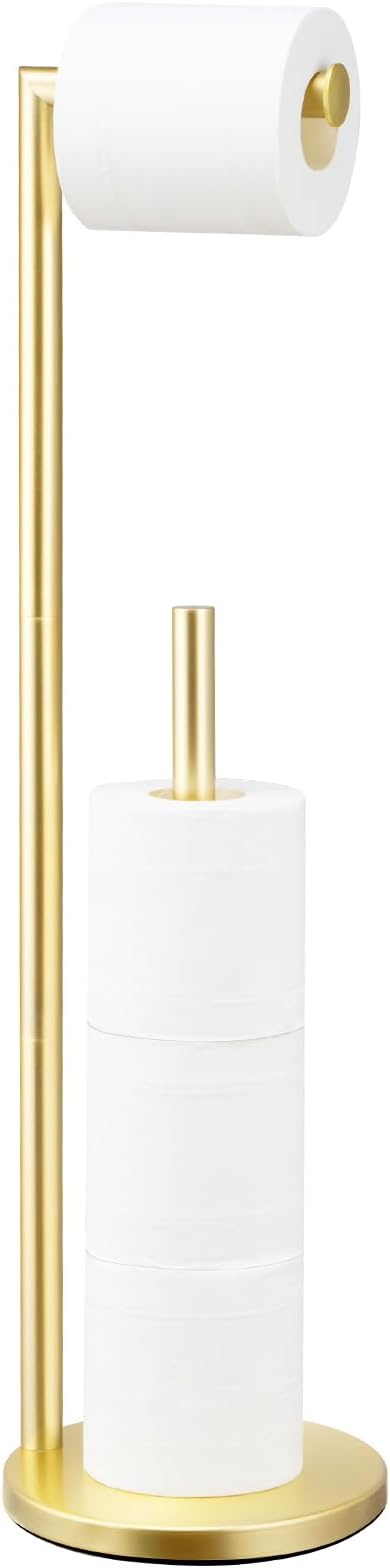 Toilet Paper Holder Stand, Bathroom Toilet Paper Roll Holder Stand with Reserve, Standing Toilet Paper Holder with Storage,Toilet Paper Roll Holder for 4 Rolls, Gold