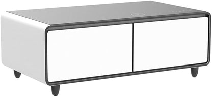LIVTAB Smart Coffee Table, 27.8" D x 51" W x 18.1" H, Living Room Table with Built in Fridge and Speakers, Smart Table with 15W Wireless Charging, USB Chargers and 110V Outlets (White)