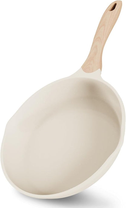 JEETEE 8 Inch Nonstick Frying Pan, Stone Coating Cookware, Nonstick Omelette Pan with Heat-Resistant Handle, Compatible with All Stoves (Beige)