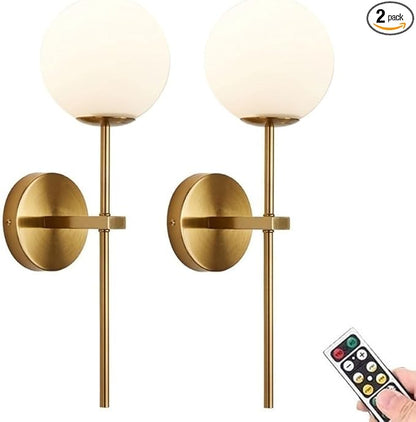KEFA Gold Battery Operated Wall Sconces Set of 2, Modern Remote Wall Lamp Globe Glass Shade,Not Hardwired Rechargeable Wall Lights Fixture with Timer and Dimmable for Bedroom Living Room Bathroom