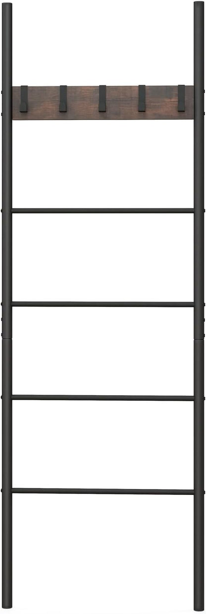 S AFSTAR Wall Leaning Blanket Ladder, 5-Tier Ladder Shelf with 5 Removable Hooks, Industrial Blanket Holder Rack, Drying and Display Rack for Bathroom, Living Room, Entrance, Rustic Brown