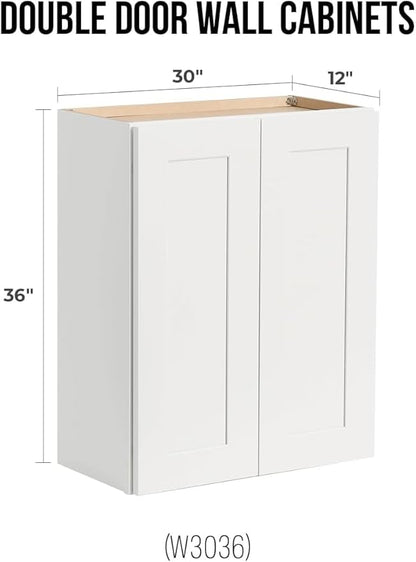 Wall-Mounted Cabinet – Solid Wood Shaker Style Medicine Cabinet with Adjustable Shelves & Soft-Close Doors for Bathroom, Kitchen, and Office Storage (White, 36" W x 12" D x 30" H)