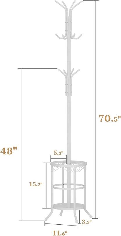 Coat Rack Freestanding with Umbrella Holder – Metal Hanger Stand, Hall Tree with 12 Hooks, Entryway Organizer for Hats, Bags, and Clothes (White)