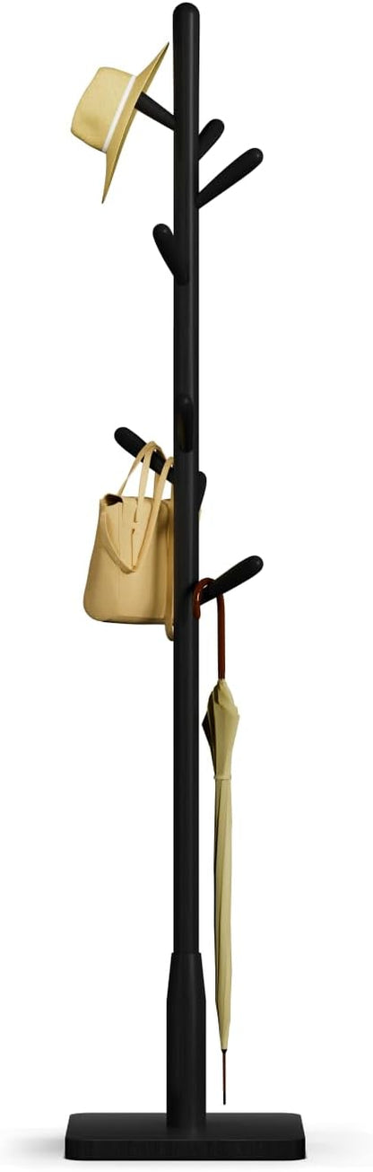 Solid Wood Square Base Coat Rack, Free Standing Hall Coat Tree with 8 Hooks（+2 spare for Coats, Hats, Bags, Purses, for Entryway, Hallway, Rubberwood Hooks,Base and Pole,(Square Base, Black)